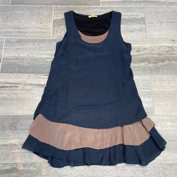 Nanako Sleeveless Layered Look Lagenlook Tunic/Dress Navy/Tan One Size - Picture 1 of 6